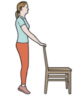 Tríceps sural - ficar na ponta dos pés, apoiando-se no encosto de uma cadeira